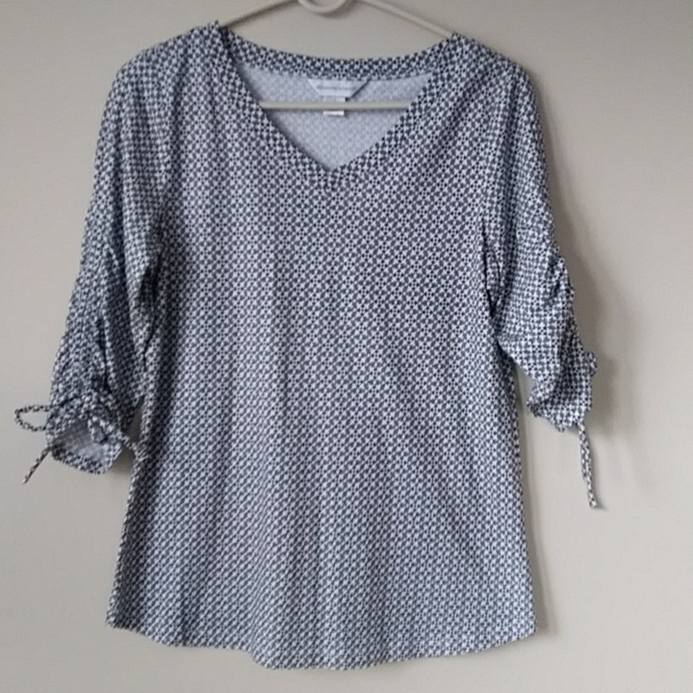 Christopher & Banks Floral V Neck Ruched Sleeves with Tie Top Shirt Small